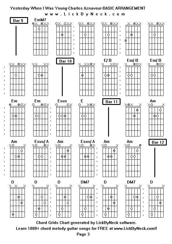 Chord Grids Chart of chord melody fingerstyle guitar song-Yesterday When I Was Young-Charles Aznavour-BASIC ARRANGEMENT,generated by LickByNeck software.